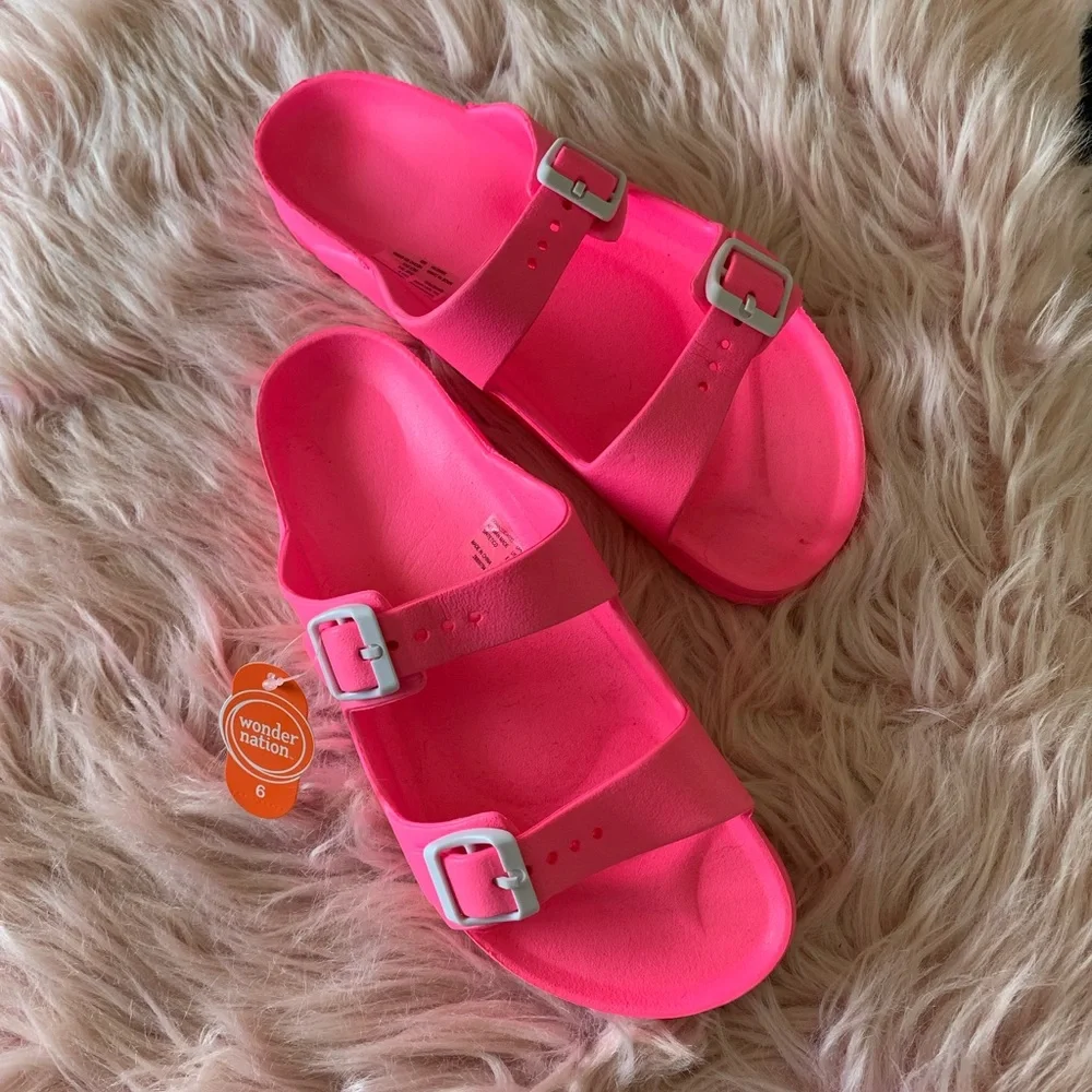 🎉HP🎉 New Size 6 Bright Hot Pink Slide Two Strap Buckle Sandals